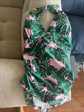 Tropical Green & Pink Leaf Halter Swimsuit